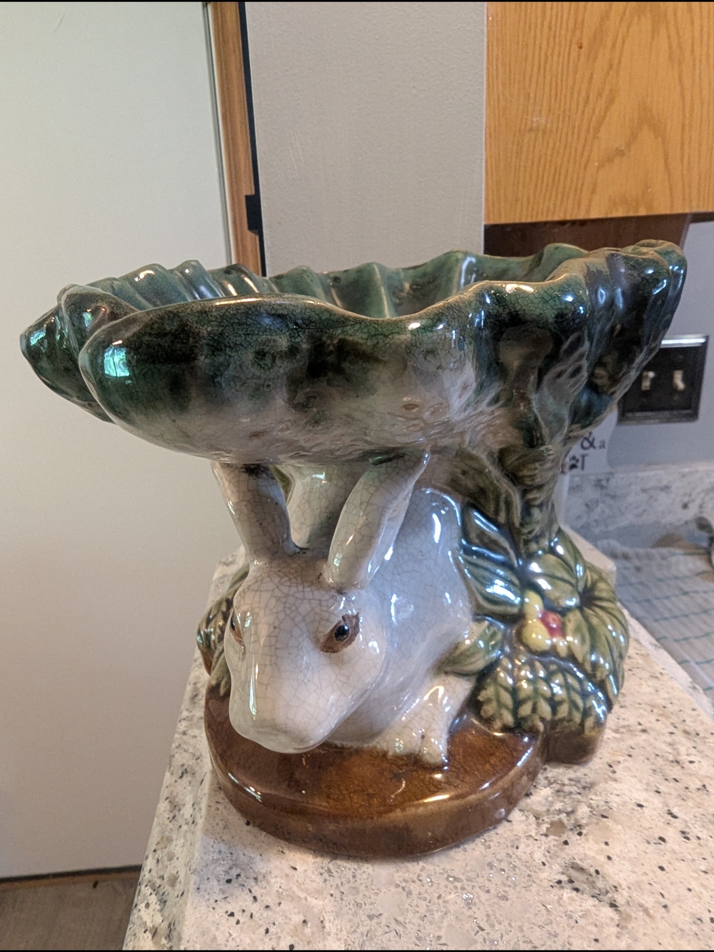 Vintage Majolica Style Rabbit Pedestal Bowl Compote Centerpiece - Picture 2 of 7